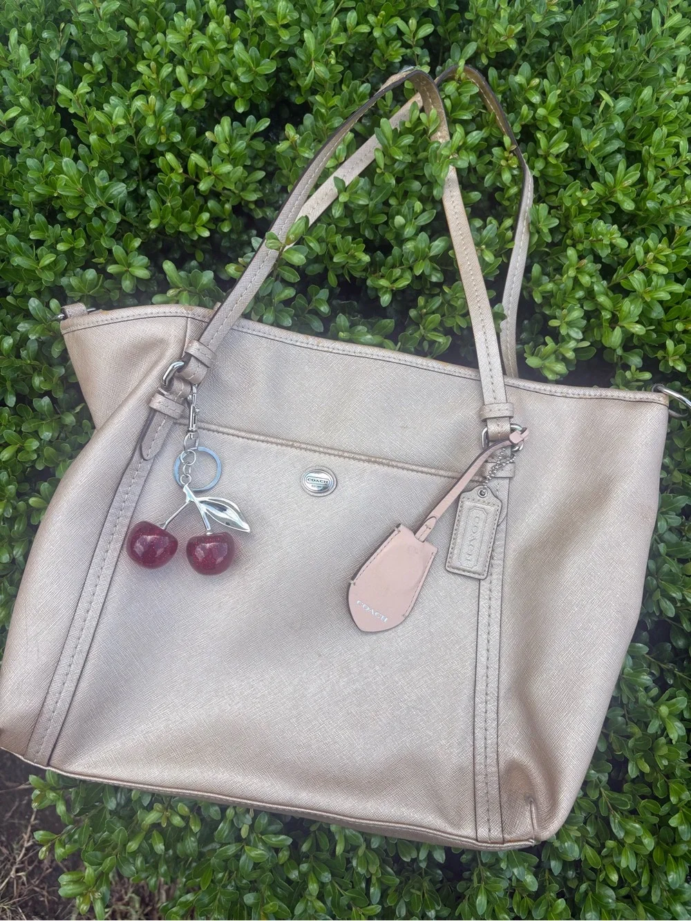 Coach Metallic Champagne Leather Shoulder Tote with Cherry Charm